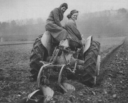 Женщины управляют трактором.